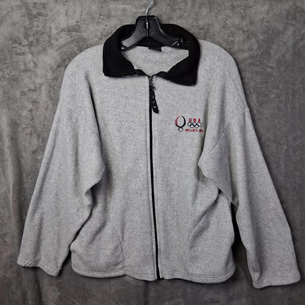 Mens Team USA Beijing Olympic Full Zip Fleece Jacket Sweater Size Medium Gray